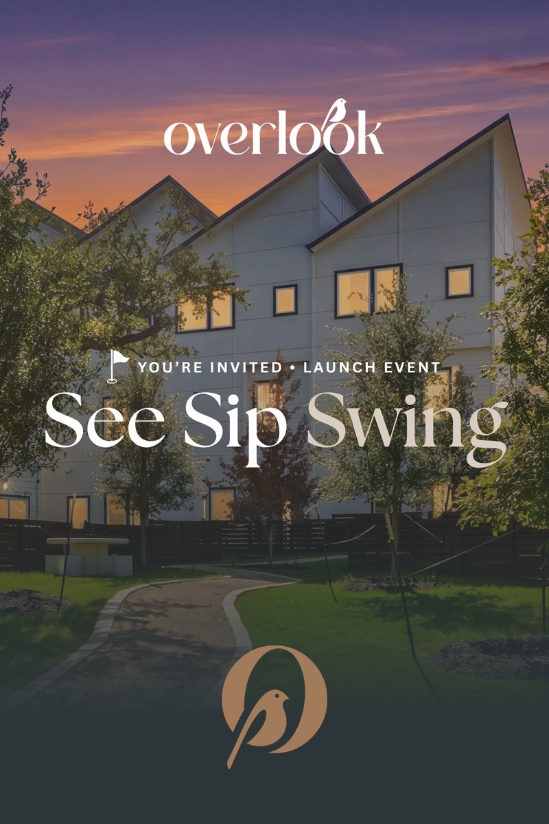 Overlook Residences at dusk with the See Sip Swing launch event headline.