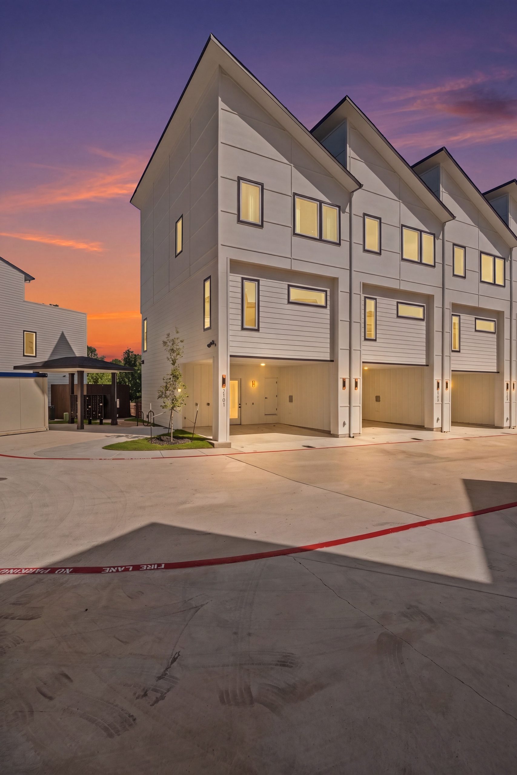 Overlook townhome facades at twilight