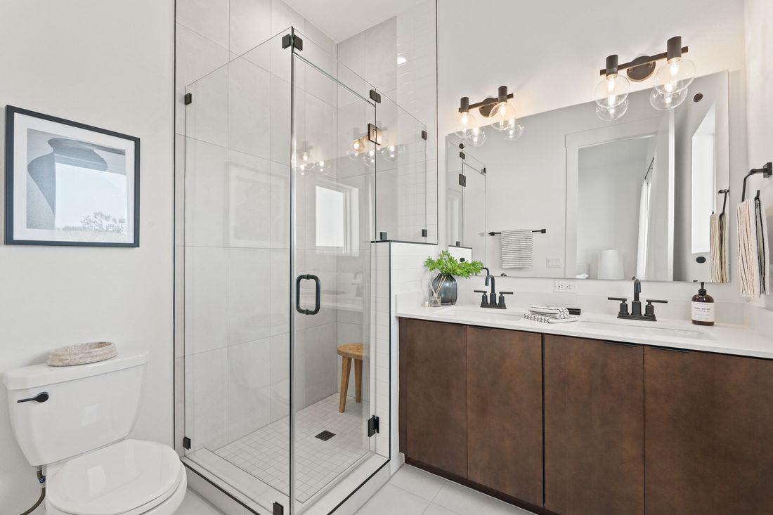 Nest primary bathroom with double vanity