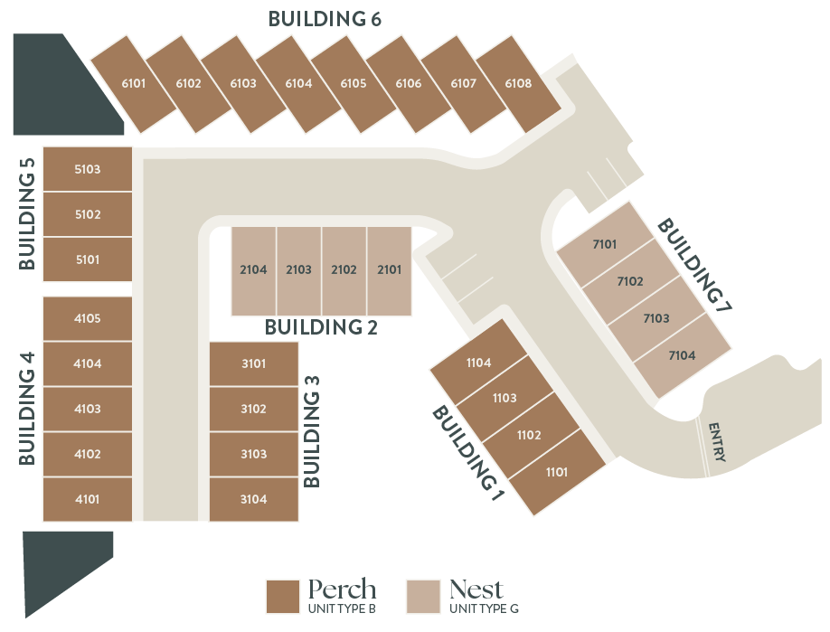 Overlook Residences community site map showing 32 townhomes across seven buildings