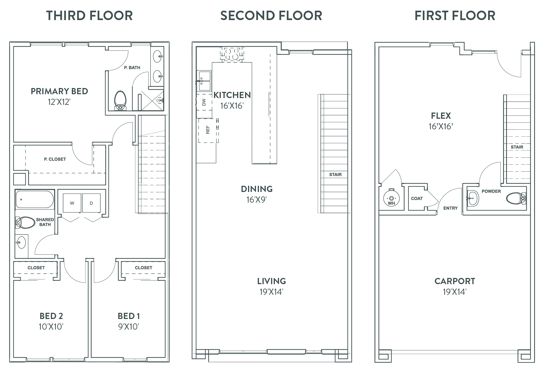 Nest, Unit Type G floor plan showing three levels